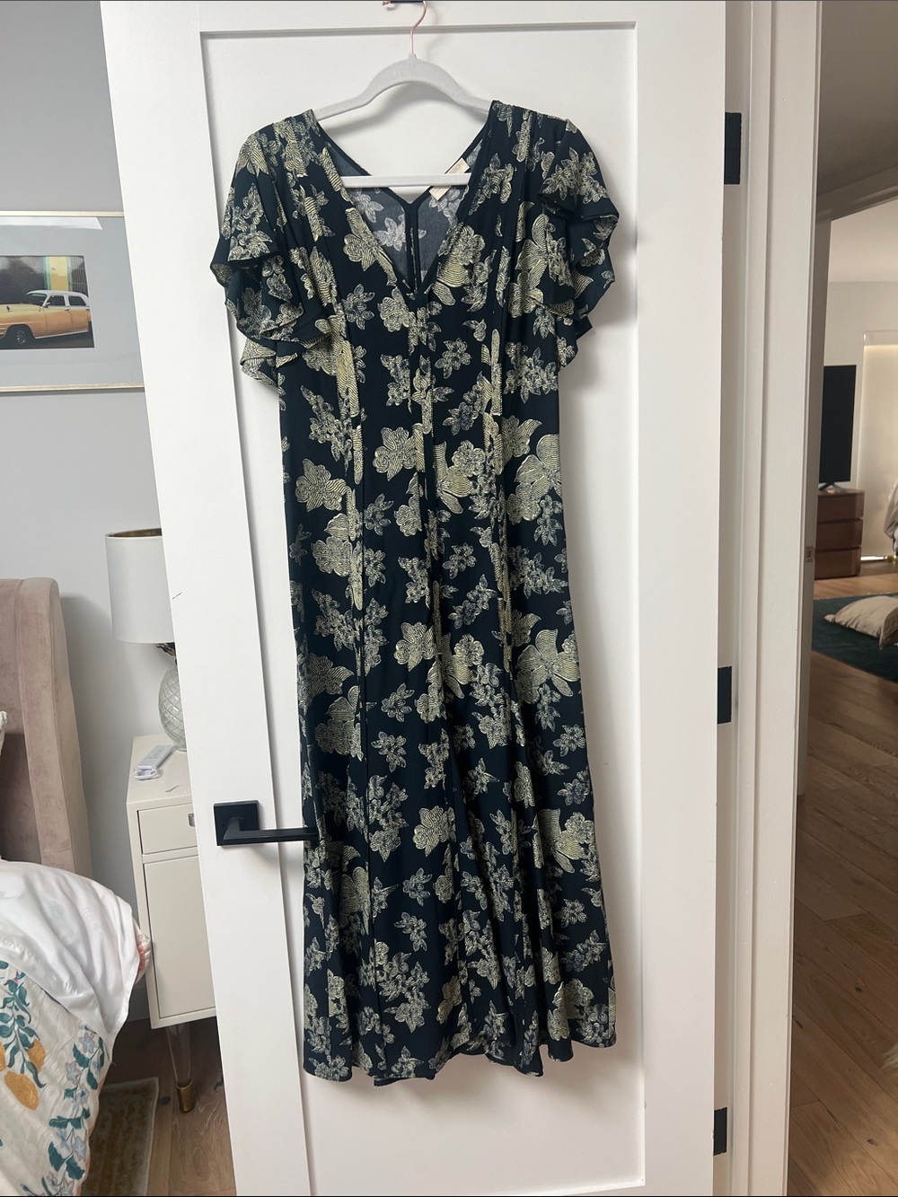 Ulla Johnson Black Maxi Dress with Light Gold Floral Print